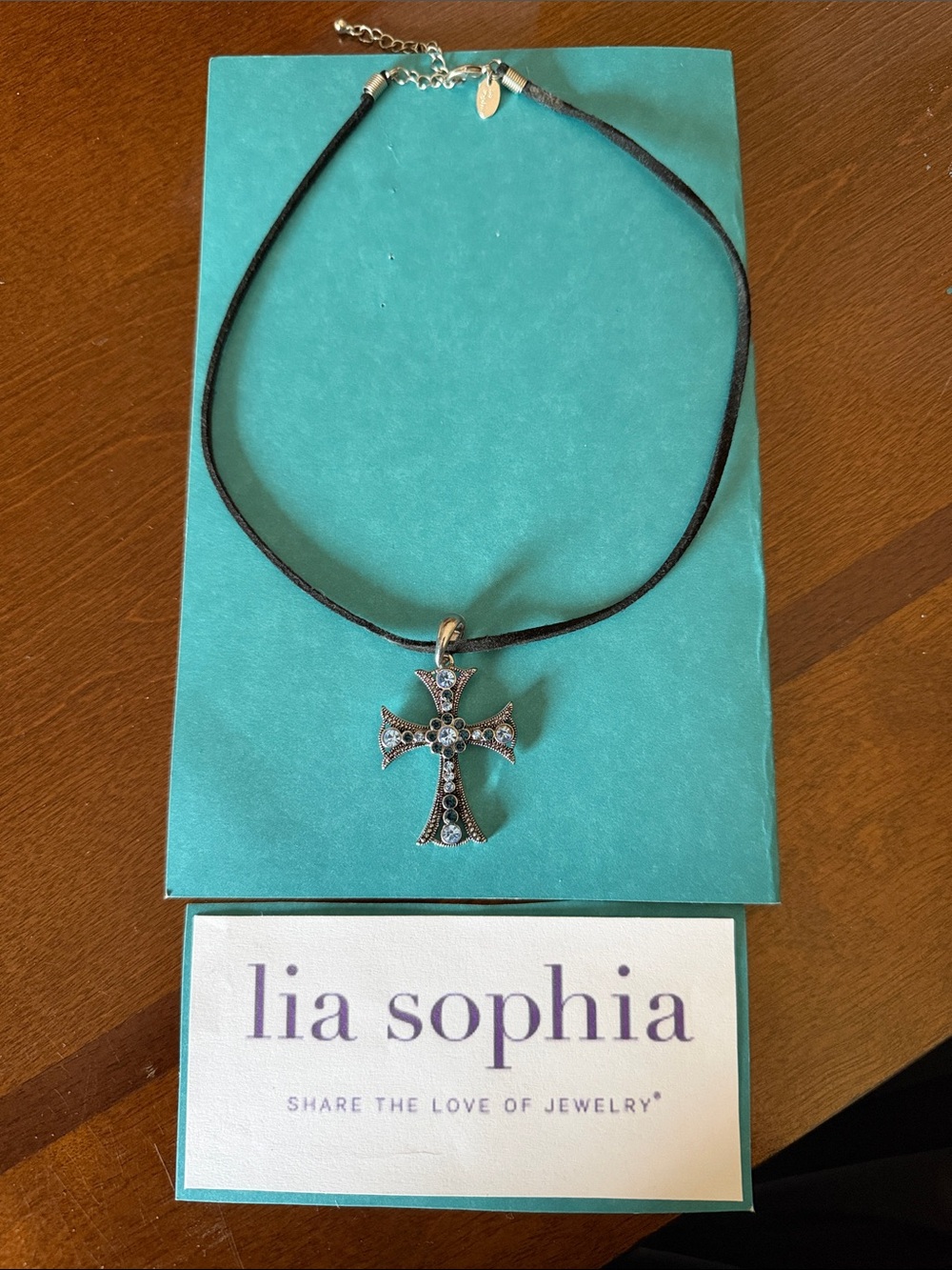 Lia Sophia Cross Pendant Necklace with Light & Dark Blue Stones
